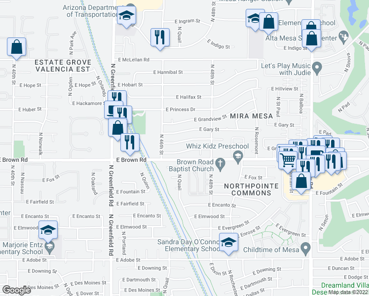 map of restaurants, bars, coffee shops, grocery stores, and more near 4662 E Greenway St in Mesa