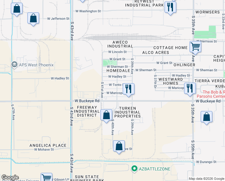map of restaurants, bars, coffee shops, grocery stores, and more near 4010 West Maricopa Street in Phoenix