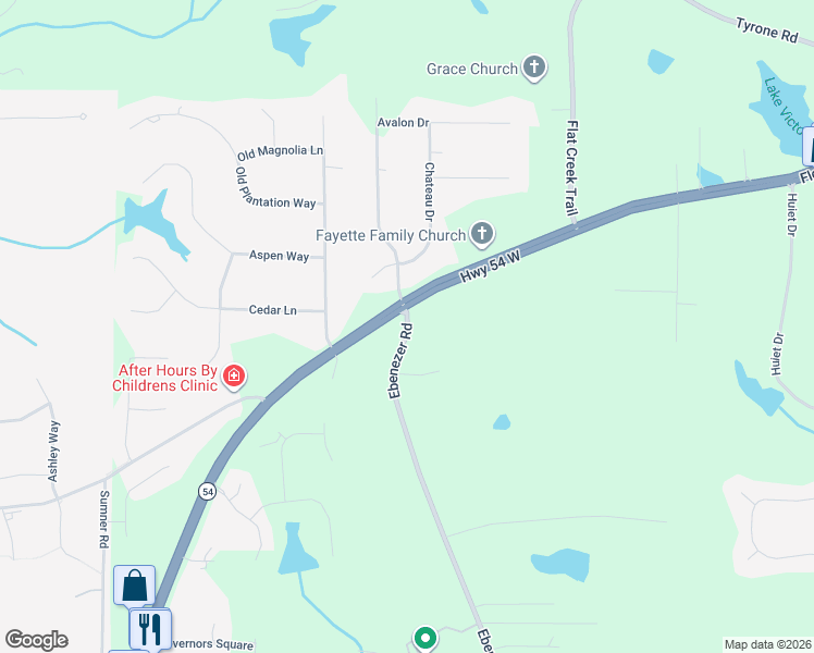 map of restaurants, bars, coffee shops, grocery stores, and more near 1746 Georgia 54 in Fayetteville