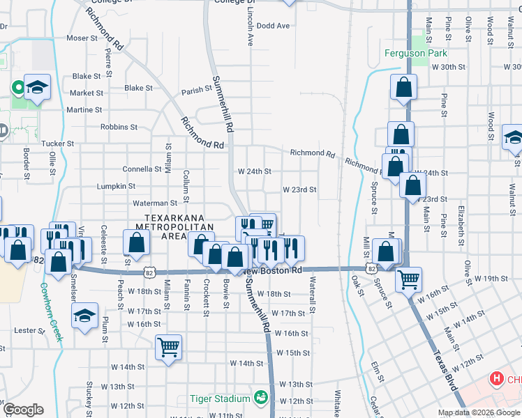 map of restaurants, bars, coffee shops, grocery stores, and more near 2201 Stevenson Street in Texarkana
