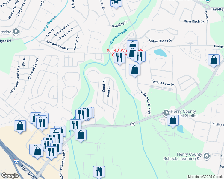 map of restaurants, bars, coffee shops, grocery stores, and more near 334 Coral Circle in McDonough