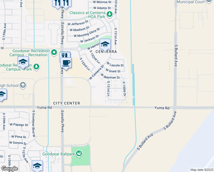 map of restaurants, bars, coffee shops, grocery stores, and more near 932 South 151st Avenue in Goodyear