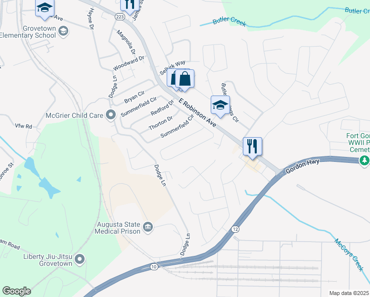 map of restaurants, bars, coffee shops, grocery stores, and more near 317 Taylor Circle in Grovetown