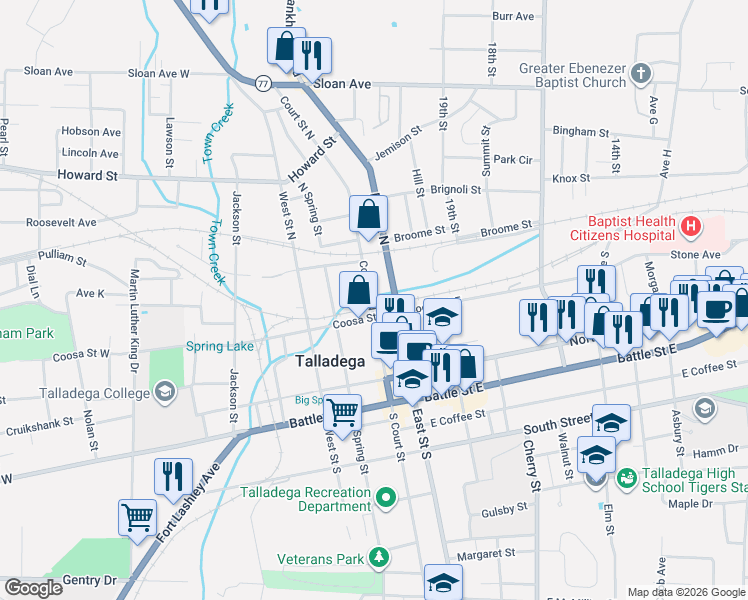 map of restaurants, bars, coffee shops, grocery stores, and more near 322 Court Street North in Talladega