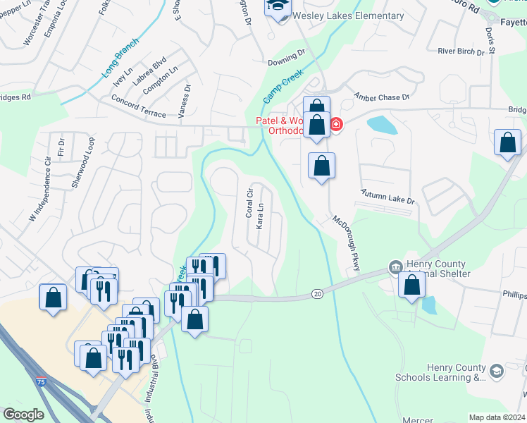 map of restaurants, bars, coffee shops, grocery stores, and more near 434 Kara Lane in McDonough