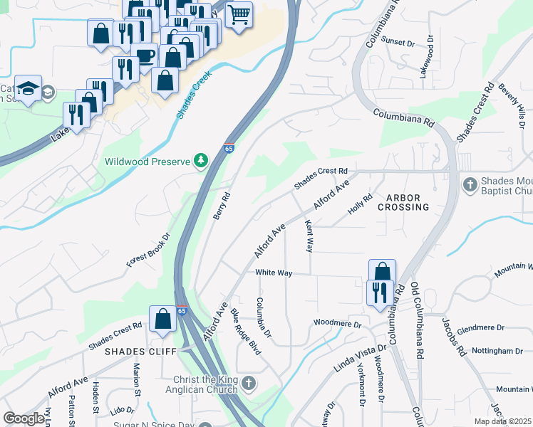 map of restaurants, bars, coffee shops, grocery stores, and more near 1453 Shades Crest Road in Birmingham