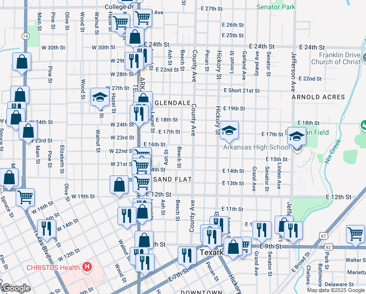 map of restaurants, bars, coffee shops, grocery stores, and more near 1520 Beech Street in Texarkana
