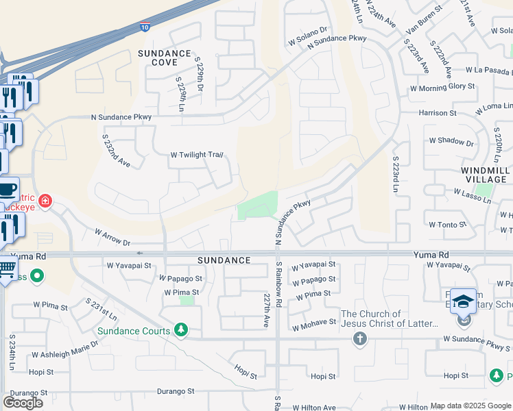 map of restaurants, bars, coffee shops, grocery stores, and more near 900 South Sundance Parkway in Buckeye