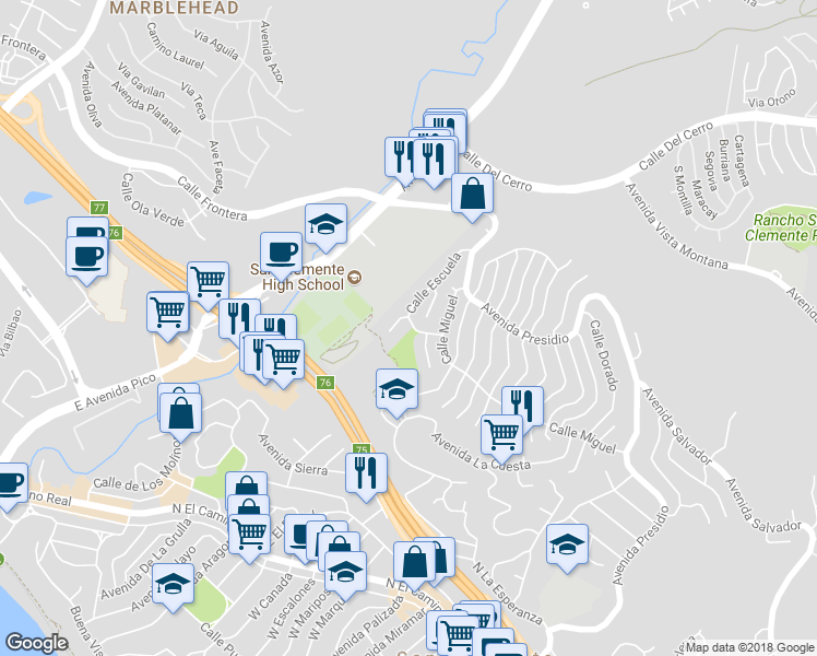 map of restaurants, bars, coffee shops, grocery stores, and more near 303 Calle Escuela in San Clemente