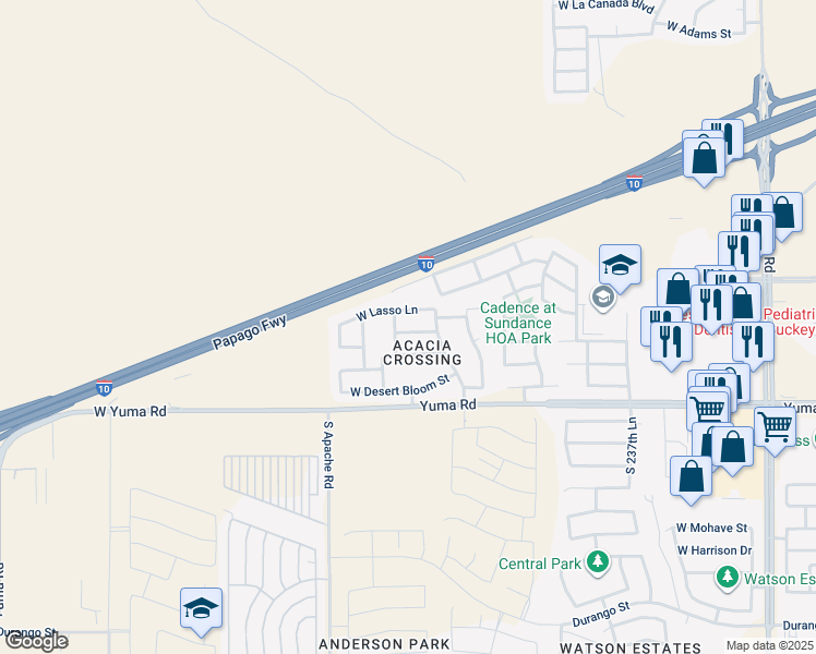 map of restaurants, bars, coffee shops, grocery stores, and more near 24134 West Hadley Street in Buckeye