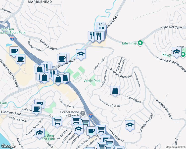 map of restaurants, bars, coffee shops, grocery stores, and more near 303 Calle Escuela in San Clemente