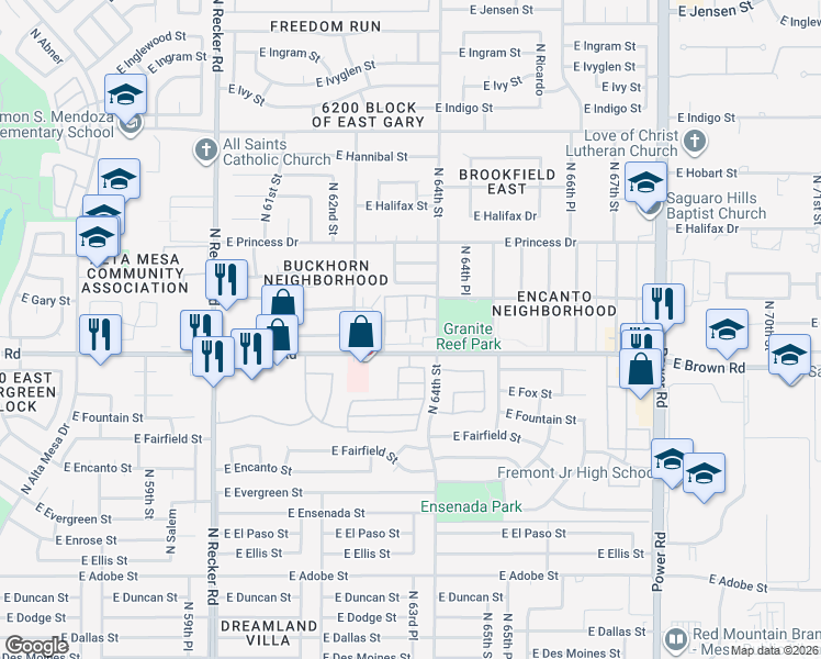 map of restaurants, bars, coffee shops, grocery stores, and more near 6262 East Brown Road in Mesa