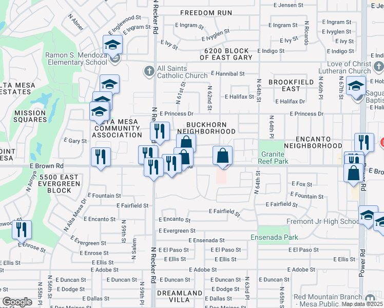 map of restaurants, bars, coffee shops, grocery stores, and more near 6130 East Brown Road in Mesa