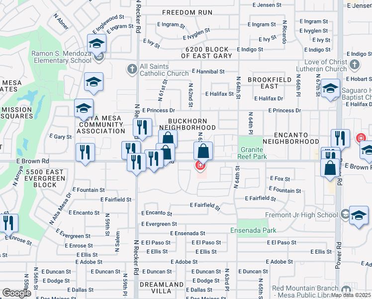 map of restaurants, bars, coffee shops, grocery stores, and more near 6164 East Greenway Street in Mesa