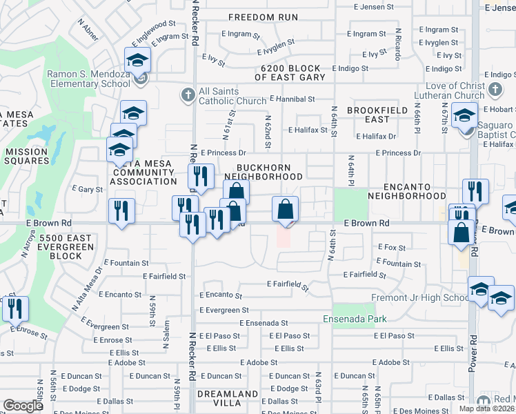 map of restaurants, bars, coffee shops, grocery stores, and more near 6164 East Greenway Street in Mesa