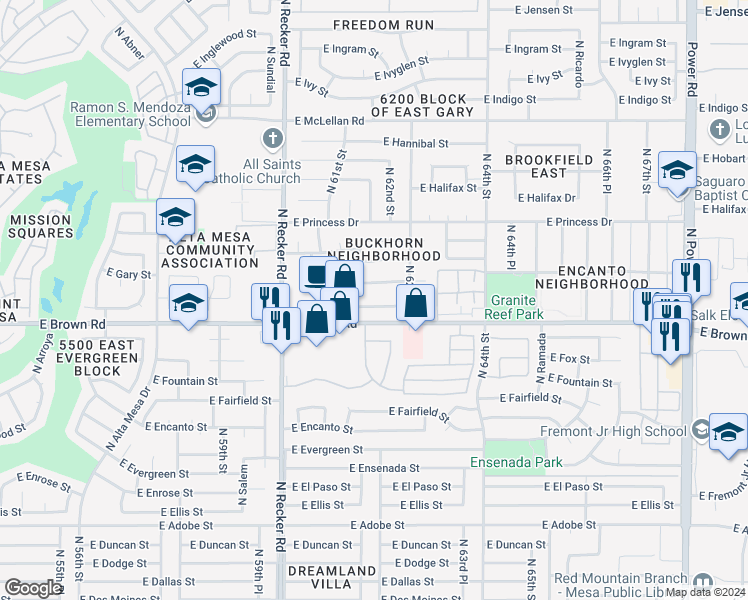 map of restaurants, bars, coffee shops, grocery stores, and more near 6164 East Greenway Street in Mesa