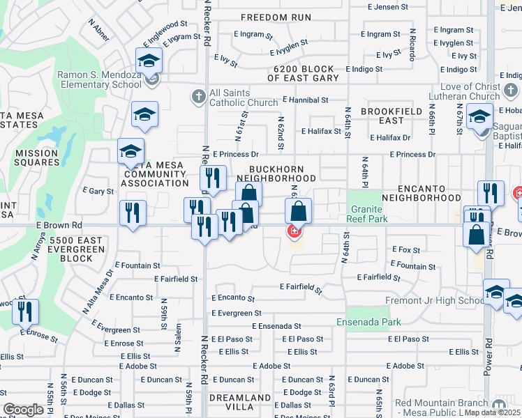 map of restaurants, bars, coffee shops, grocery stores, and more near 6130 East Brown Road in Mesa