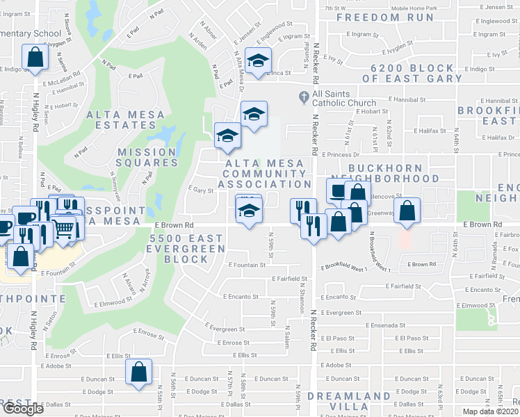 map of restaurants, bars, coffee shops, grocery stores, and more near 7 East Cortina Vista in Mesa