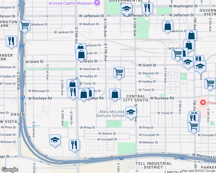 map of restaurants, bars, coffee shops, grocery stores, and more near 1015 South 17th Avenue in Phoenix