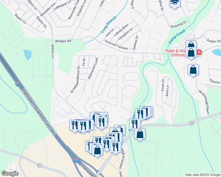 map of restaurants, bars, coffee shops, grocery stores, and more near 200 Willow Lane in McDonough