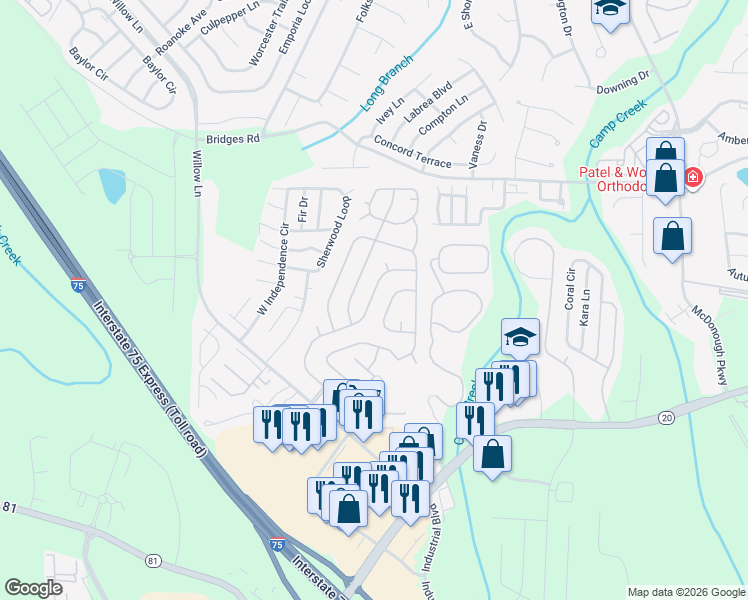map of restaurants, bars, coffee shops, grocery stores, and more near 200 Willow Lane in McDonough
