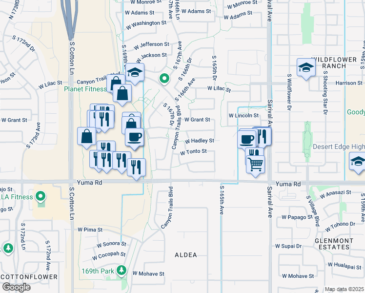 map of restaurants, bars, coffee shops, grocery stores, and more near 946 South 166th Drive in Goodyear