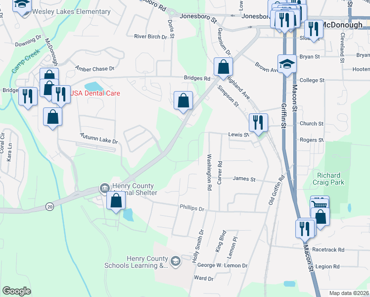 map of restaurants, bars, coffee shops, grocery stores, and more near 329 Georgia 20 in McDonough