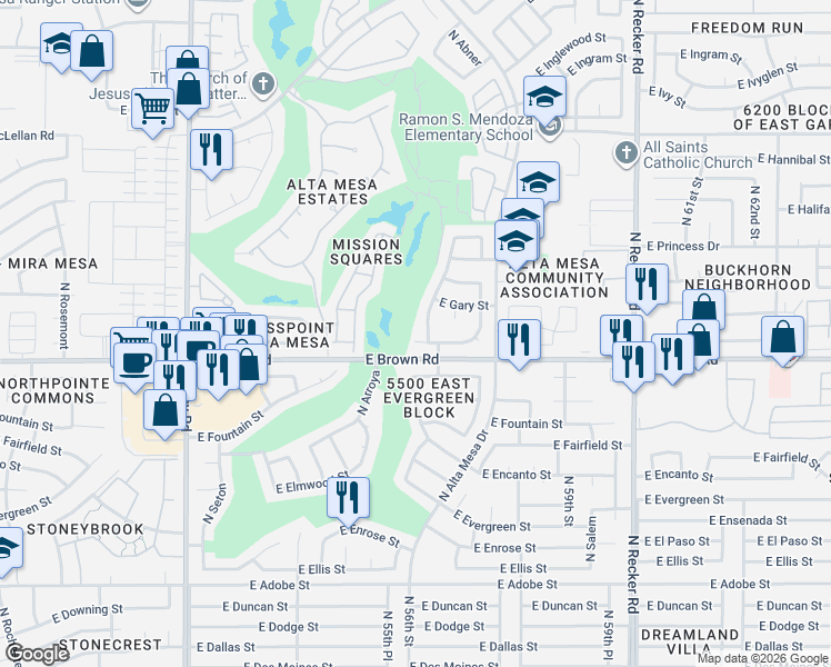 map of restaurants, bars, coffee shops, grocery stores, and more near 5630 East Greenway Street in Mesa