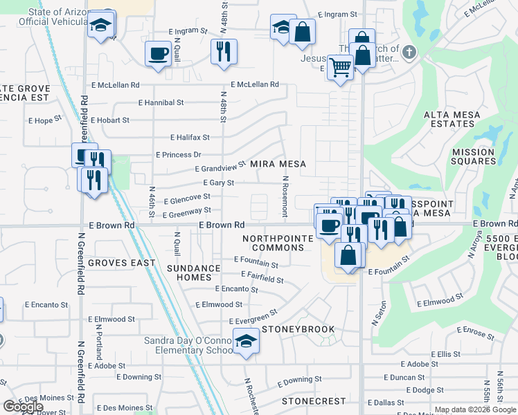 map of restaurants, bars, coffee shops, grocery stores, and more near 4835 East Glencove Circle in Mesa