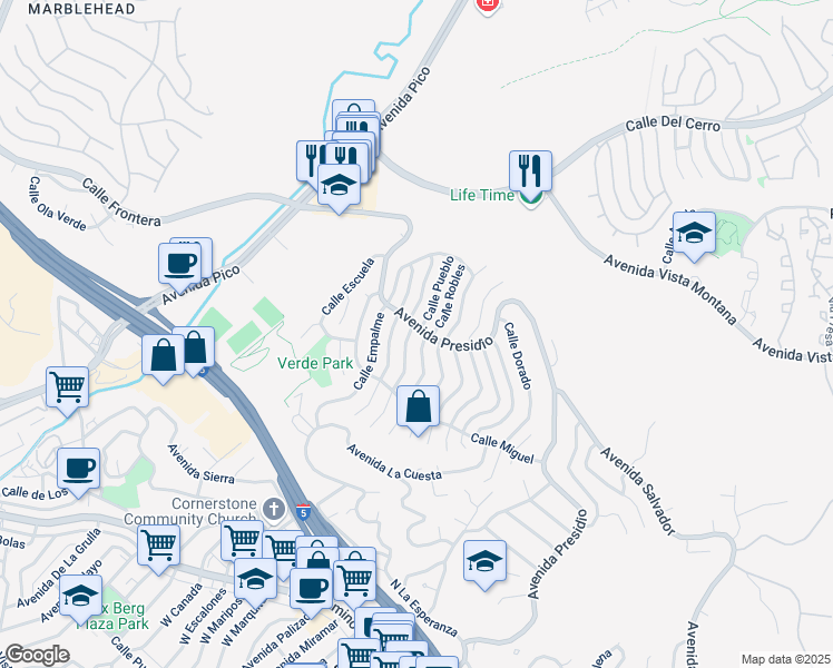 map of restaurants, bars, coffee shops, grocery stores, and more near 315 Calle Neblina in San Clemente