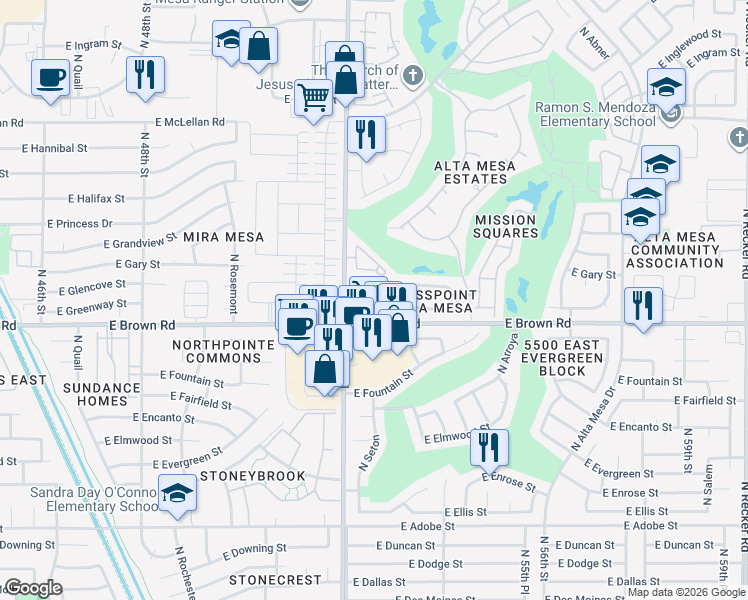 map of restaurants, bars, coffee shops, grocery stores, and more near 5113 East Greenway Circle in Mesa