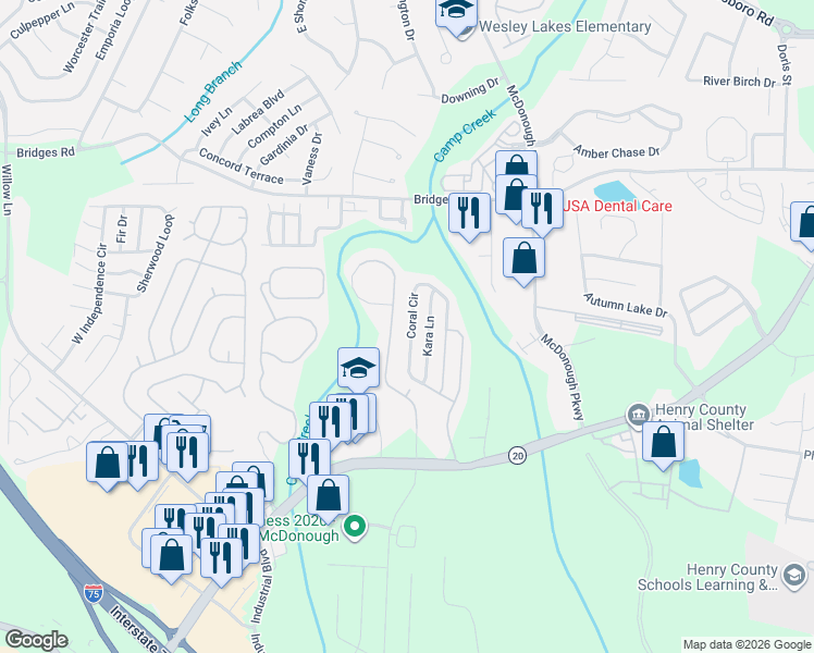 map of restaurants, bars, coffee shops, grocery stores, and more near 1302 Saddlecreek Drive in McDonough
