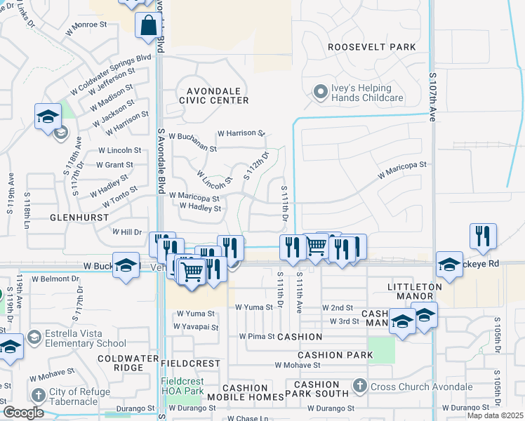 map of restaurants, bars, coffee shops, grocery stores, and more near 11178 West Hadley Street in Avondale