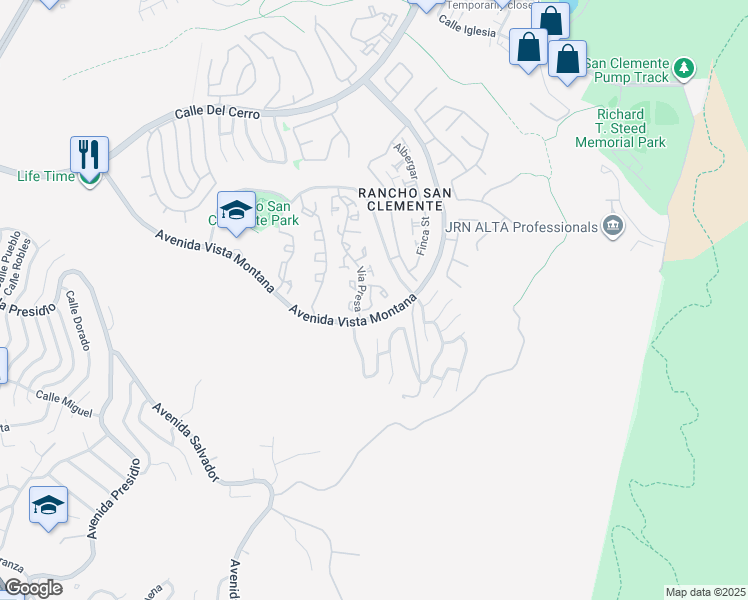 map of restaurants, bars, coffee shops, grocery stores, and more near 242 Via Presa in San Clemente