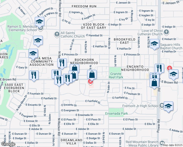 map of restaurants, bars, coffee shops, grocery stores, and more near 6238 East Greenway Circle in Mesa