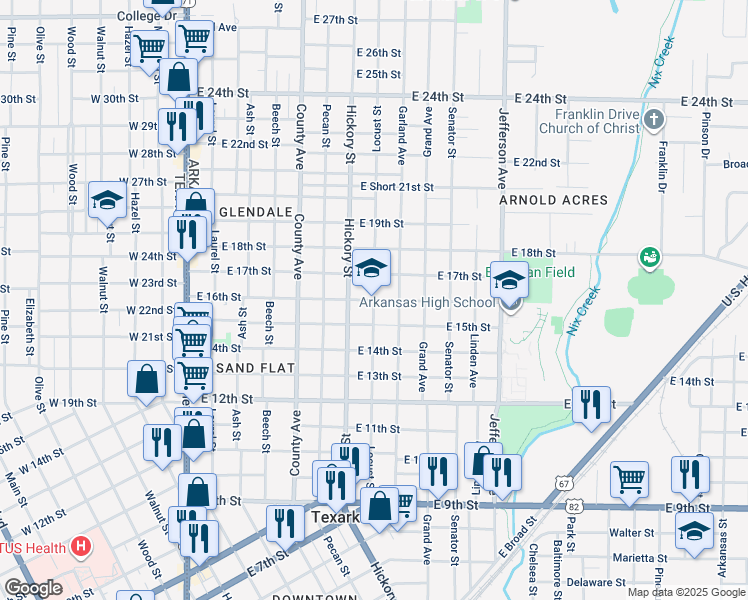 map of restaurants, bars, coffee shops, grocery stores, and more near 801 East 16th Street in Texarkana