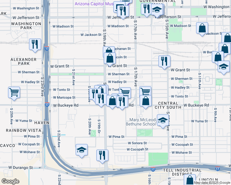 map of restaurants, bars, coffee shops, grocery stores, and more near 1811 West Tonto Street in Phoenix