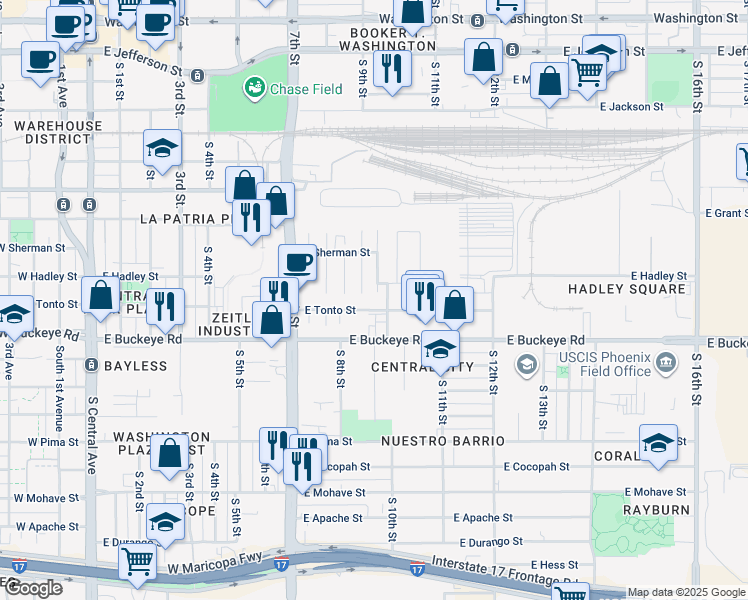 map of restaurants, bars, coffee shops, grocery stores, and more near 876 East Tonto Street in Phoenix