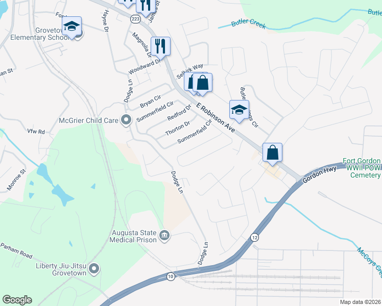 map of restaurants, bars, coffee shops, grocery stores, and more near 313 Taylor Circle in Grovetown