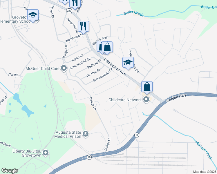 map of restaurants, bars, coffee shops, grocery stores, and more near 330 Taylor Circle in Grovetown