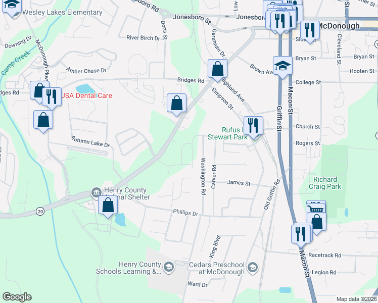 map of restaurants, bars, coffee shops, grocery stores, and more near 157 Washington Street in McDonough