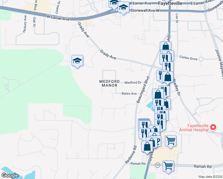 map of restaurants, bars, coffee shops, grocery stores, and more near 120 Miracle Lane in Fayetteville