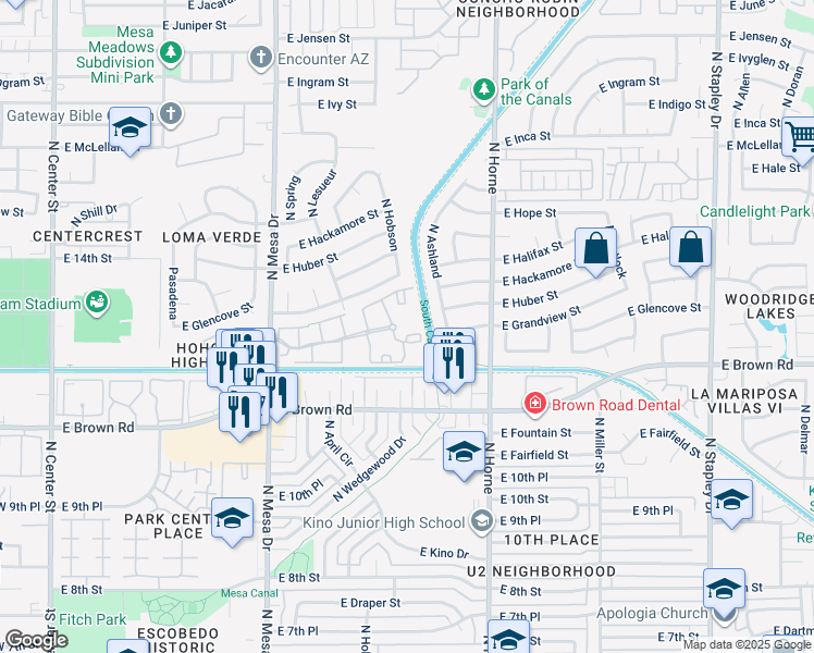 map of restaurants, bars, coffee shops, grocery stores, and more near 1233 North Mesa Drive in Mesa
