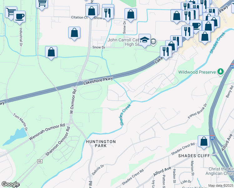 map of restaurants, bars, coffee shops, grocery stores, and more near 1200 Oaks Drive in Birmingham