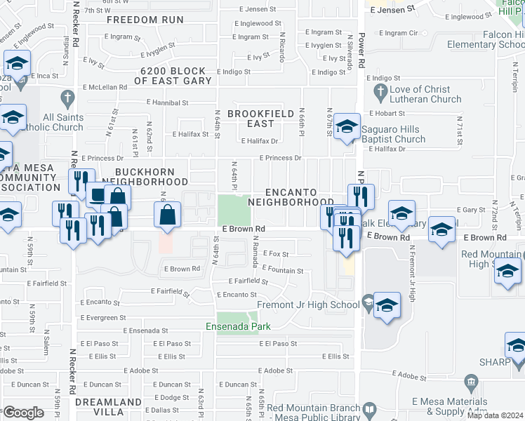map of restaurants, bars, coffee shops, grocery stores, and more near 6502 East Brown Road in Mesa