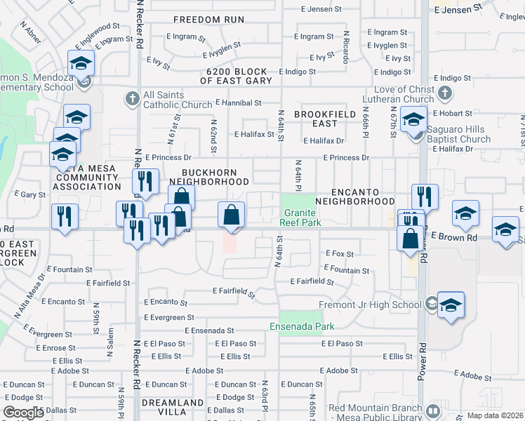 map of restaurants, bars, coffee shops, grocery stores, and more near 6328 East Brown Road in Mesa