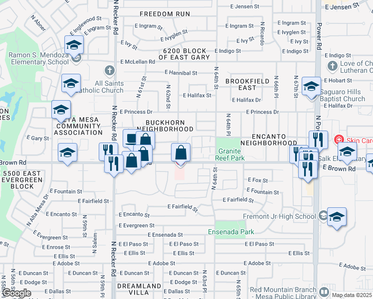 map of restaurants, bars, coffee shops, grocery stores, and more near 6238 East Greenway Circle in Mesa