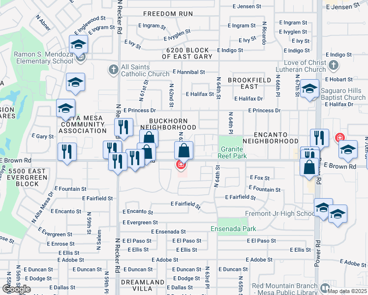 map of restaurants, bars, coffee shops, grocery stores, and more near 6238 East Greenway Circle in Mesa