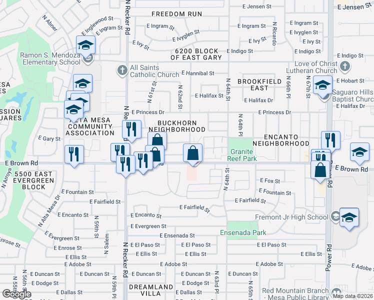 map of restaurants, bars, coffee shops, grocery stores, and more near 6238 East Greenway Circle in Mesa