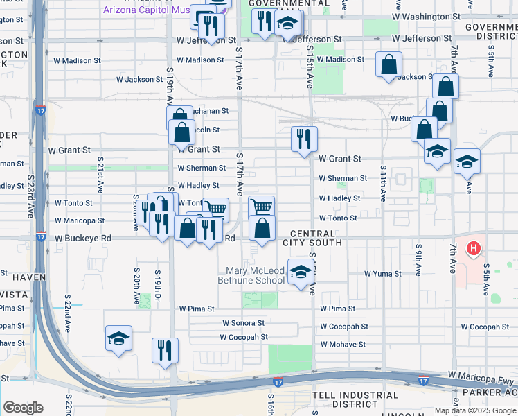map of restaurants, bars, coffee shops, grocery stores, and more near 1015 South 17th Avenue in Phoenix